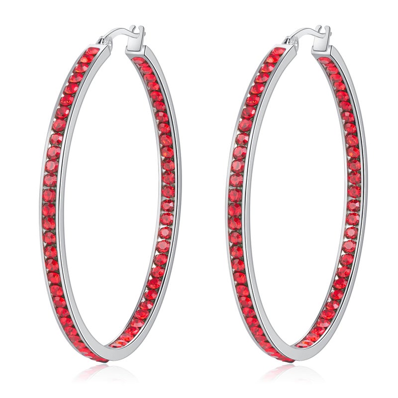 CiNily Ladies Earring Hoops Stainless Steel Hoop Earrings for Women Red Cubic Zirconia Large Big Hoop Earrings 2" - Image 1
